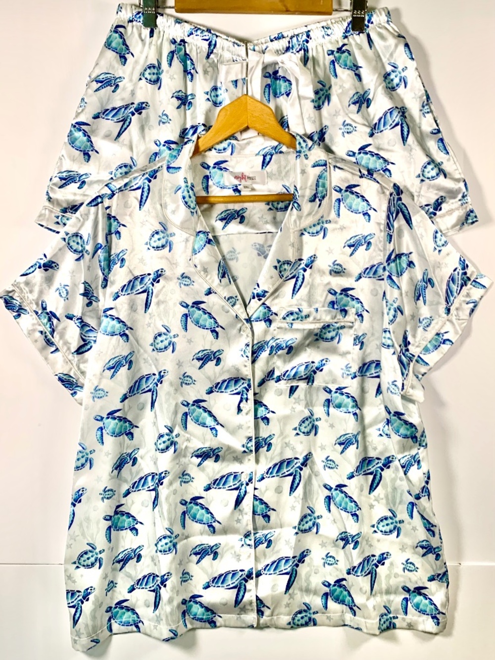 Satin Silky Beach Sea Turtle pajama shorts/sleeve set blue white button down